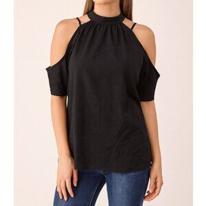 Chic Black Cold Shoulder High mock high Neck Blouse Short Sleeve flowy modern MD